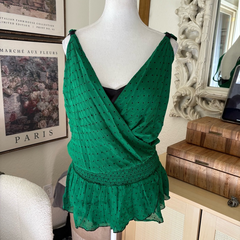 DIANE VON FURSTENBERG Green Polka Dot 100% Silk Lined Size 8